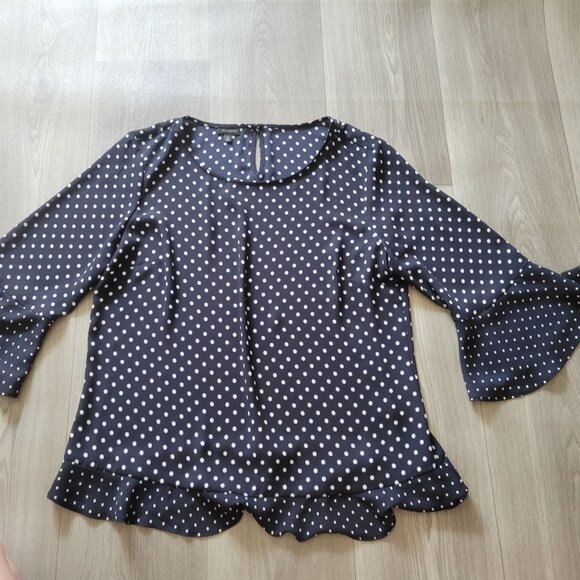 Talbots Navy Polka Dot Blouse M Womens Ruffle Hem Bell Sleeve 100% Polyester Ele - Picture 5 of 8